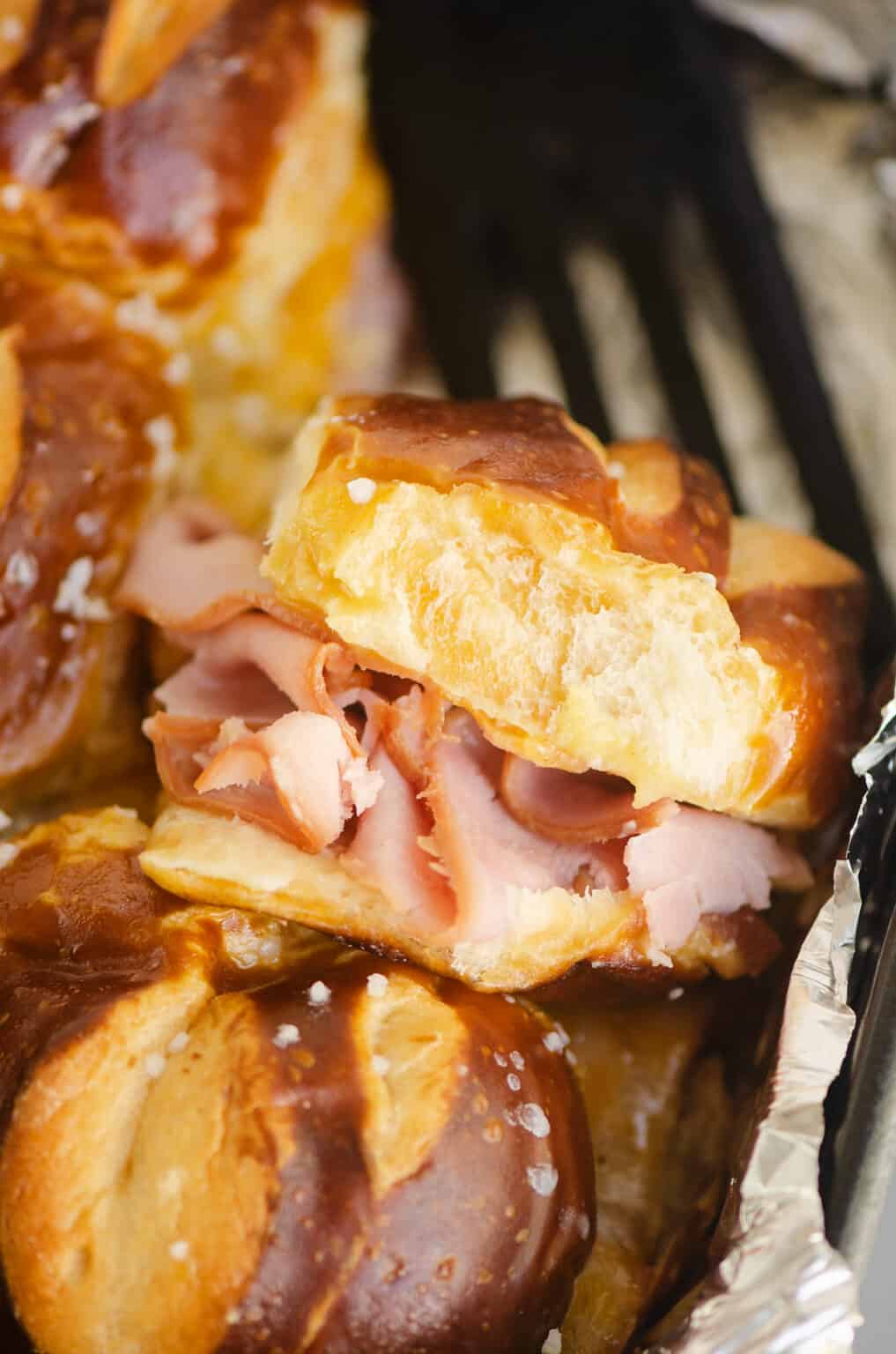 Honey Mustard Ham & Cheese Pretzel Sliders