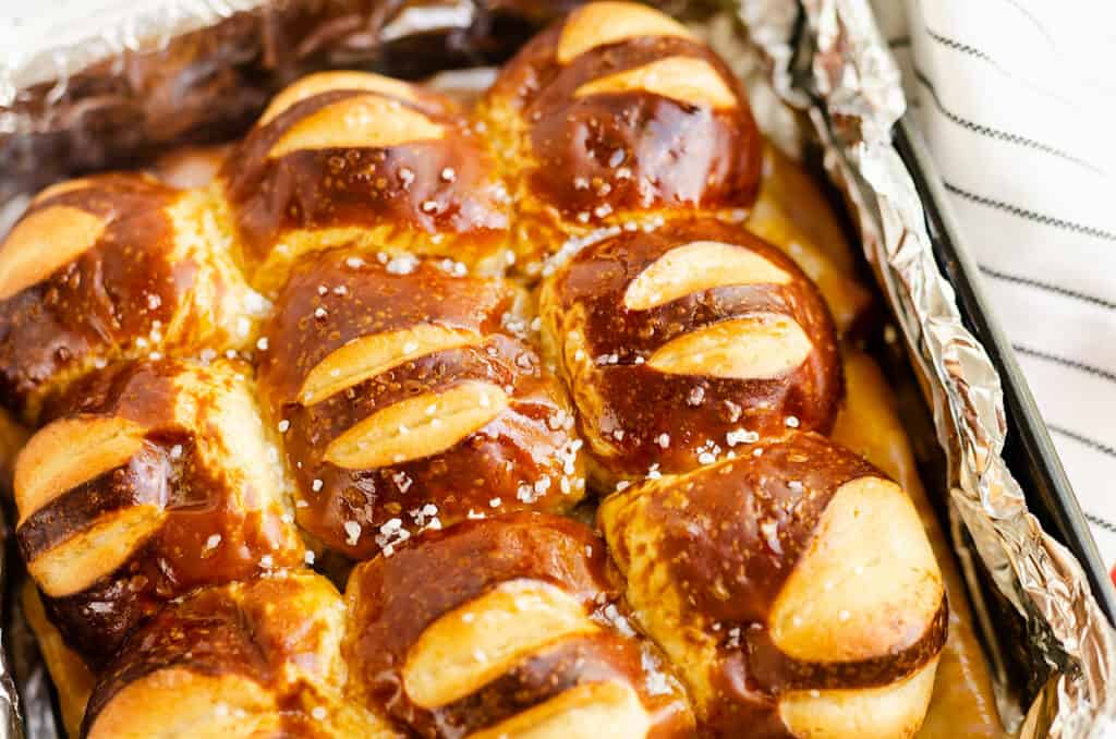 buttery pretzel slider buns in pan