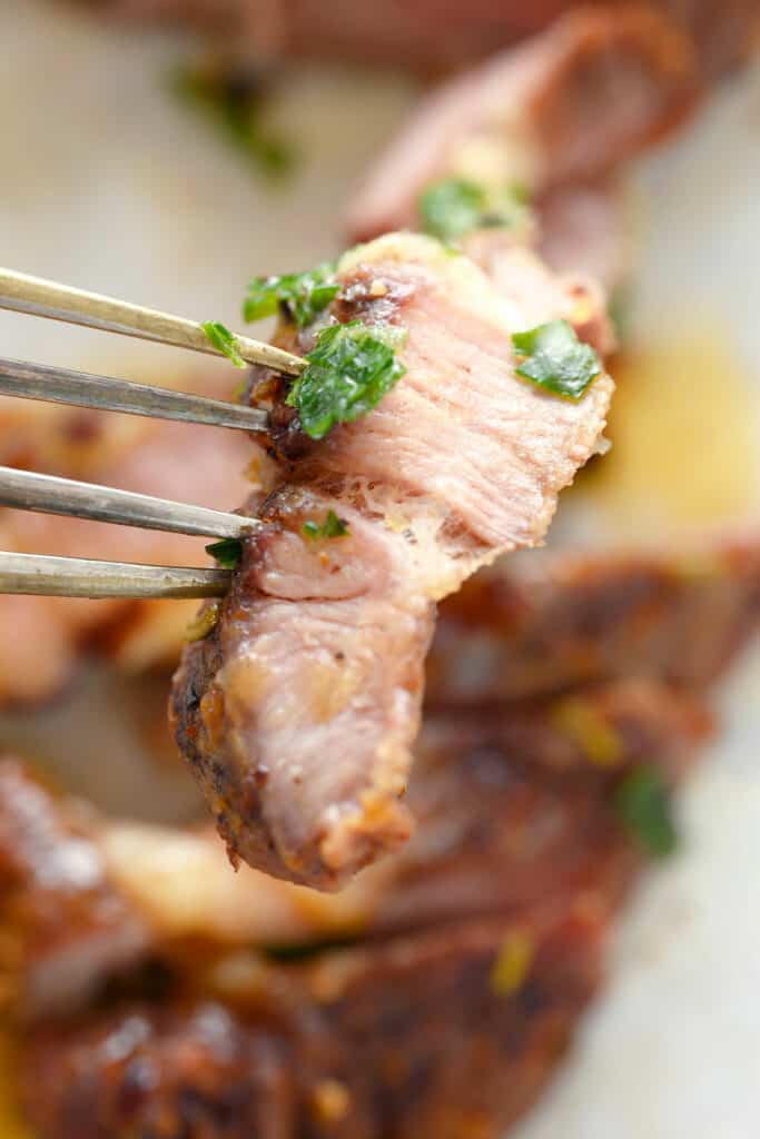 piece of lamb chop on fork