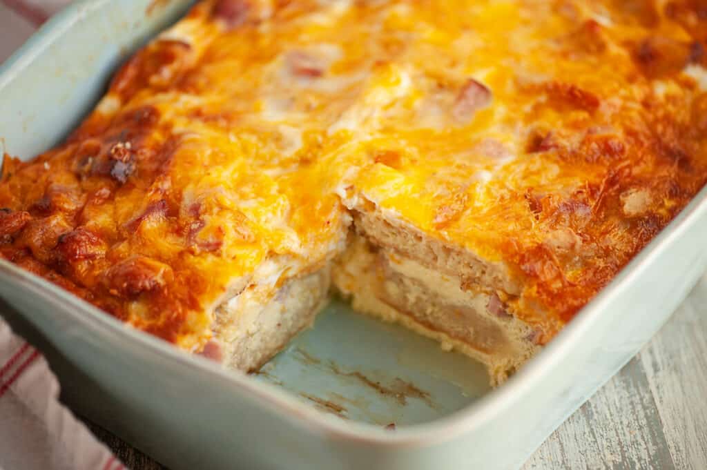 slice of breakfast casserole removed from pan