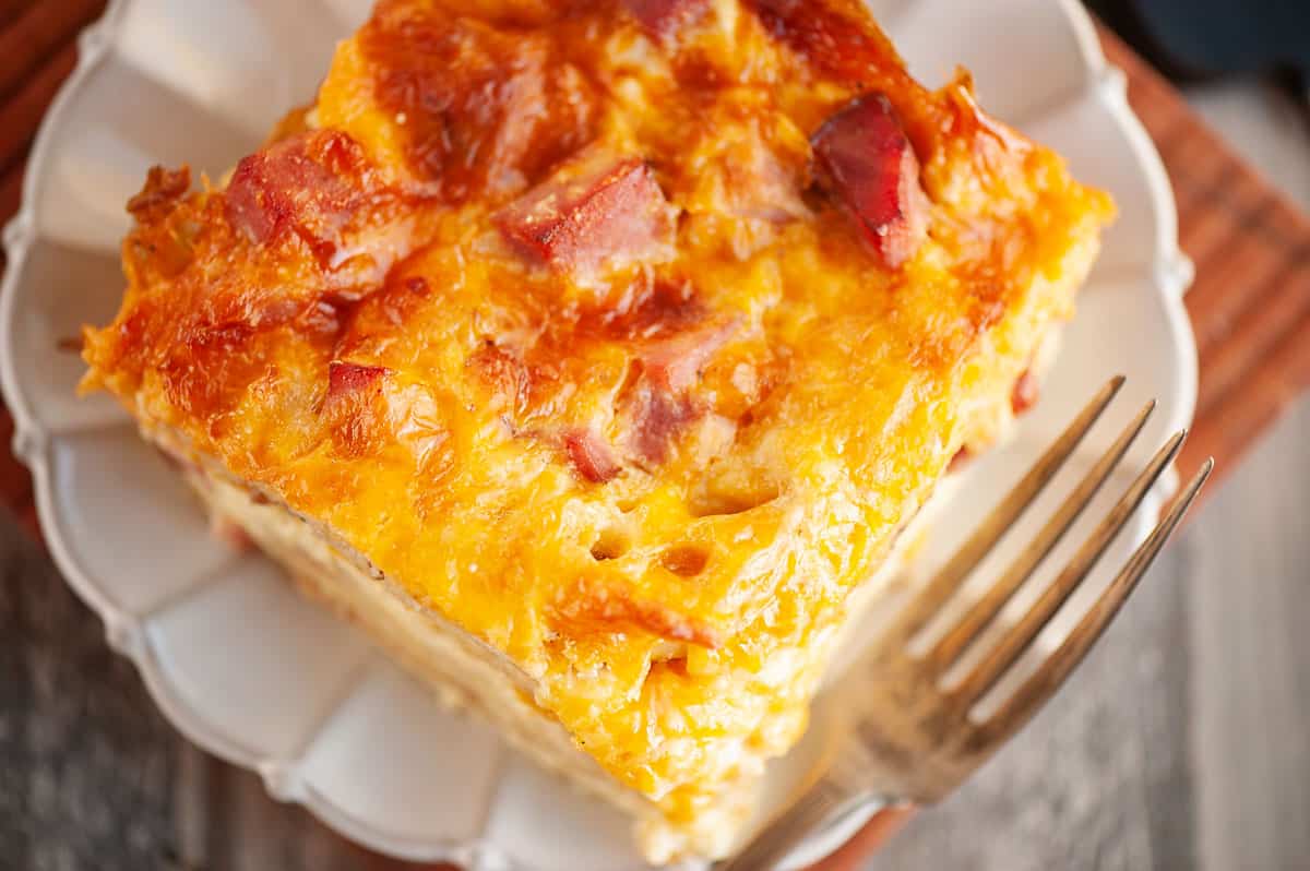 slice of ham and cheese egg bake on plate