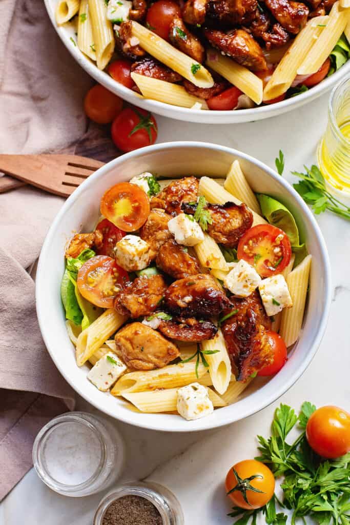 serving of bbq chicken pasta salad