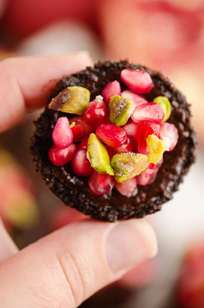 Mini Pomegranate Chocolate Tart held in hand