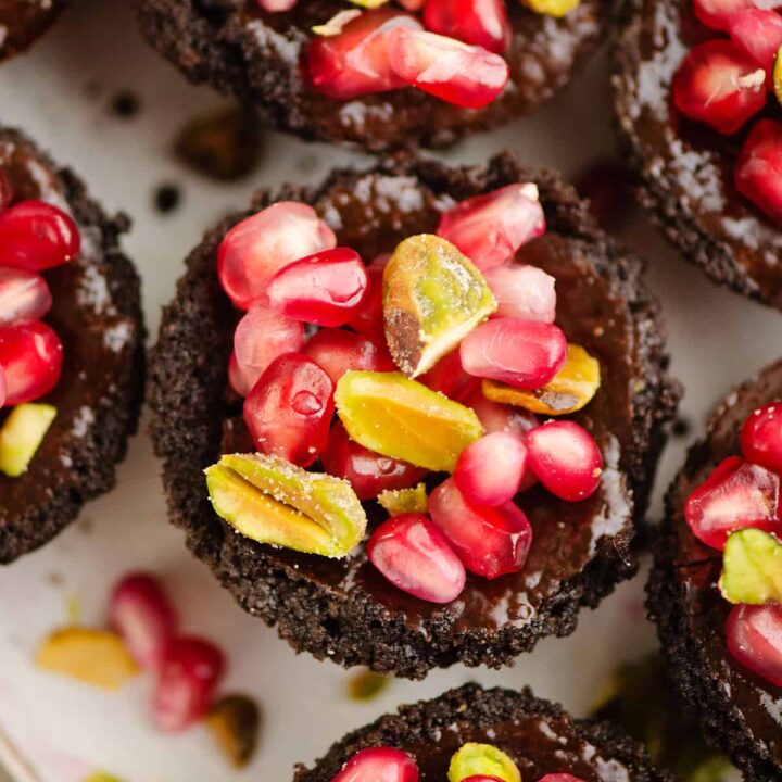 Mini Chocolate Tarts with pistachios and pomegranates