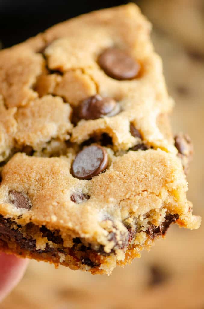 piece of chocolate chip cookie skillet with bite out