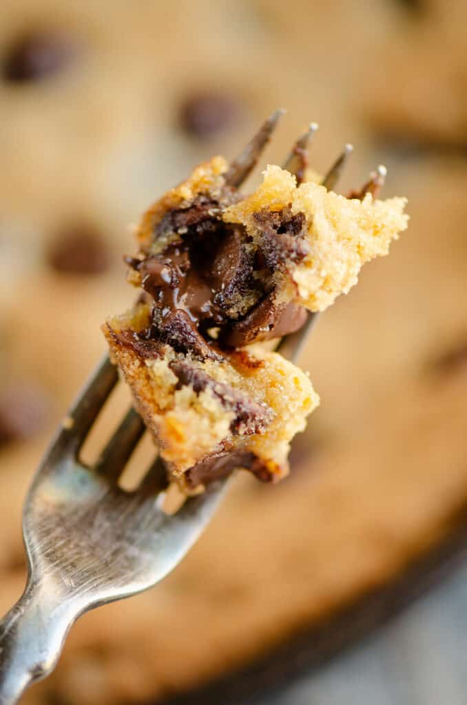 bite of chocolate chip cookie skillet on fork