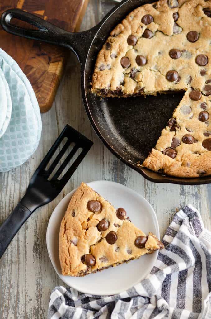 slice of chocolate chip cookie skillet served on plate