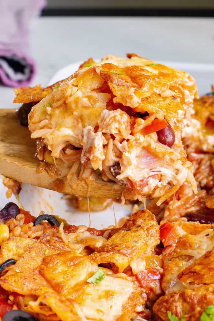 Cheesy Dorito dinner scooped from casserole