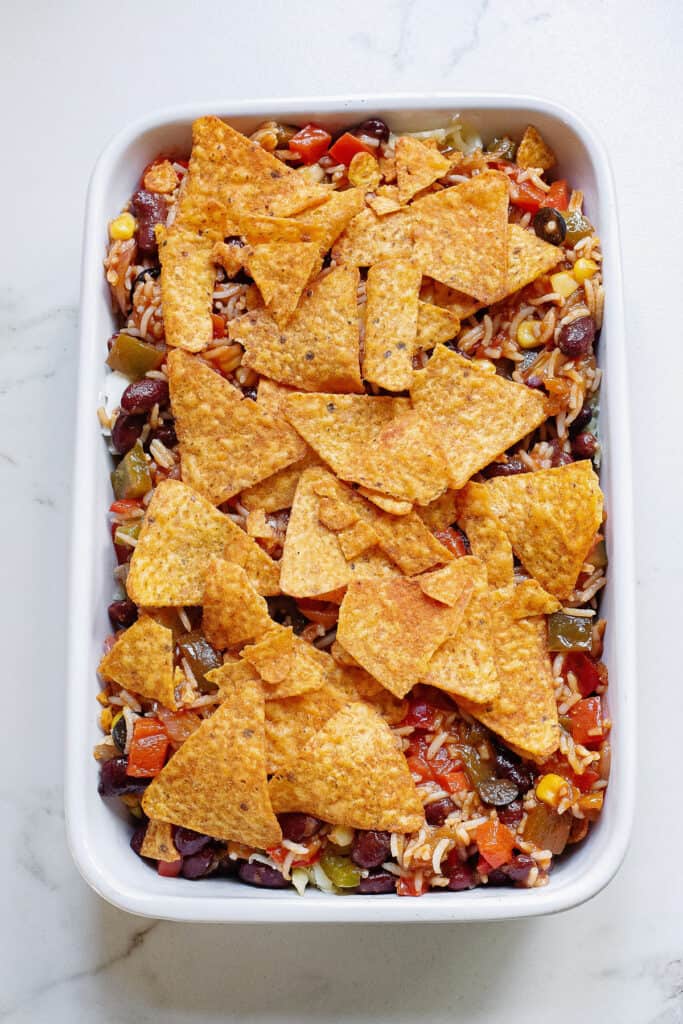 Mexican salsa casserole topped with Doritos