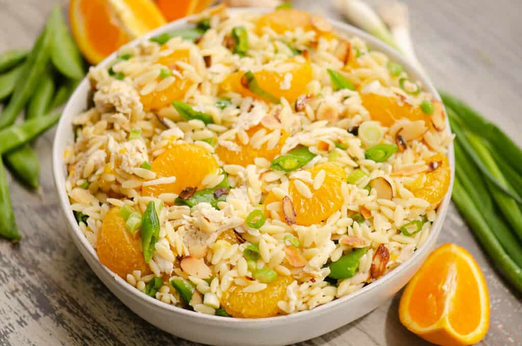bowl of orzo, chicken and orange salad
