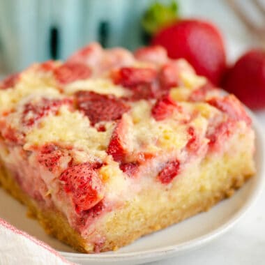 square piece of strawberry custard dessert