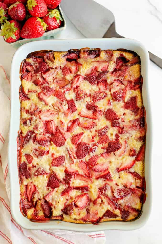 baked strawberry custard dessert in pan