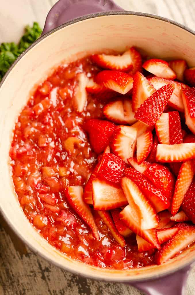 strawberry rhubarb sauce in pan