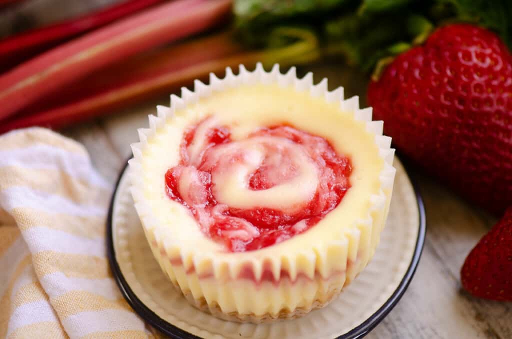 strawberry rhubarb mini cheesecakes on plate with fresh produce