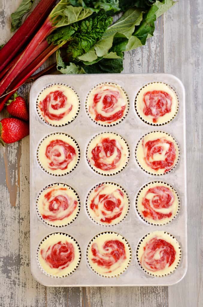 strawberry rhubarb mini cheesecakes in muffin tin with stalks of rhubarb