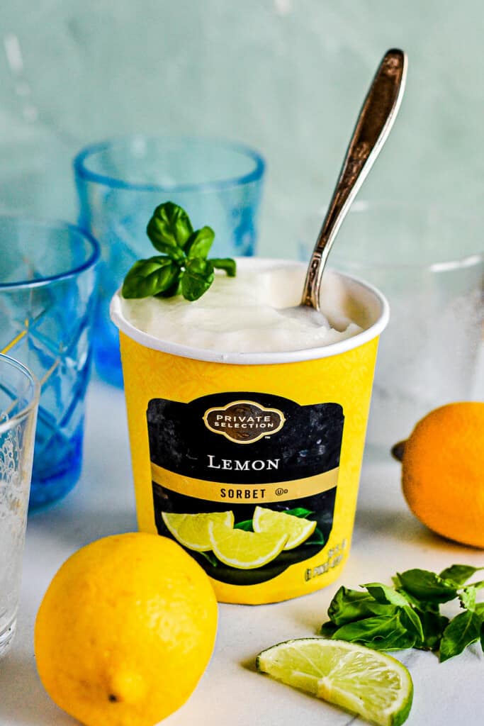 lemon sorbet container with spoon in it