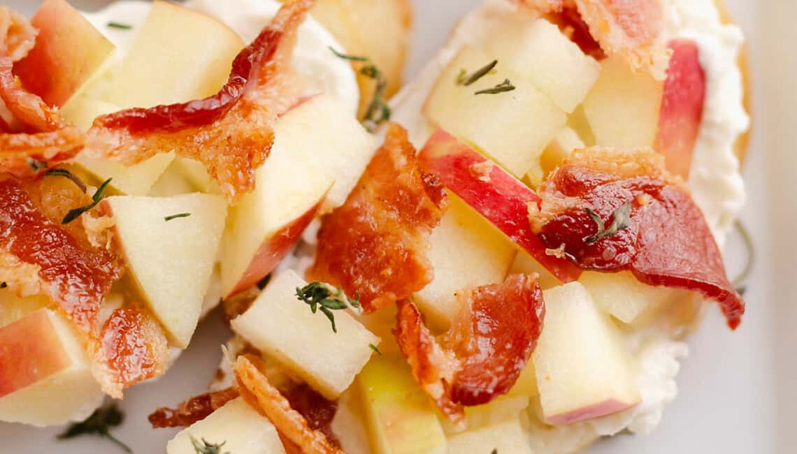 crostini topped with apples and bleu cheese