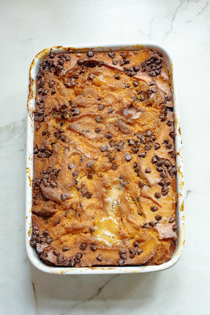 caramel chocolate chip coffee cake in baking pan