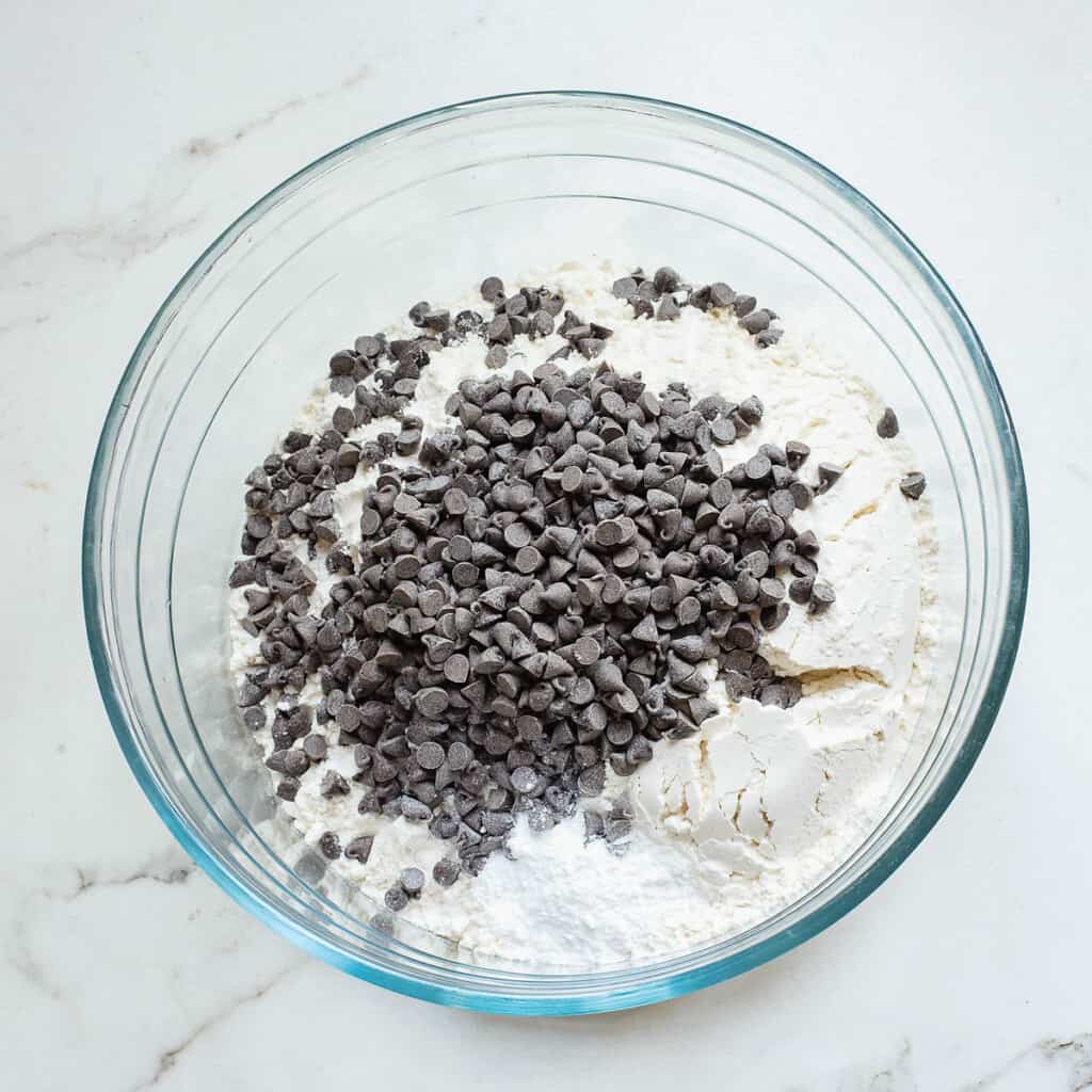 chocolate chips and dry ingredients in bowl