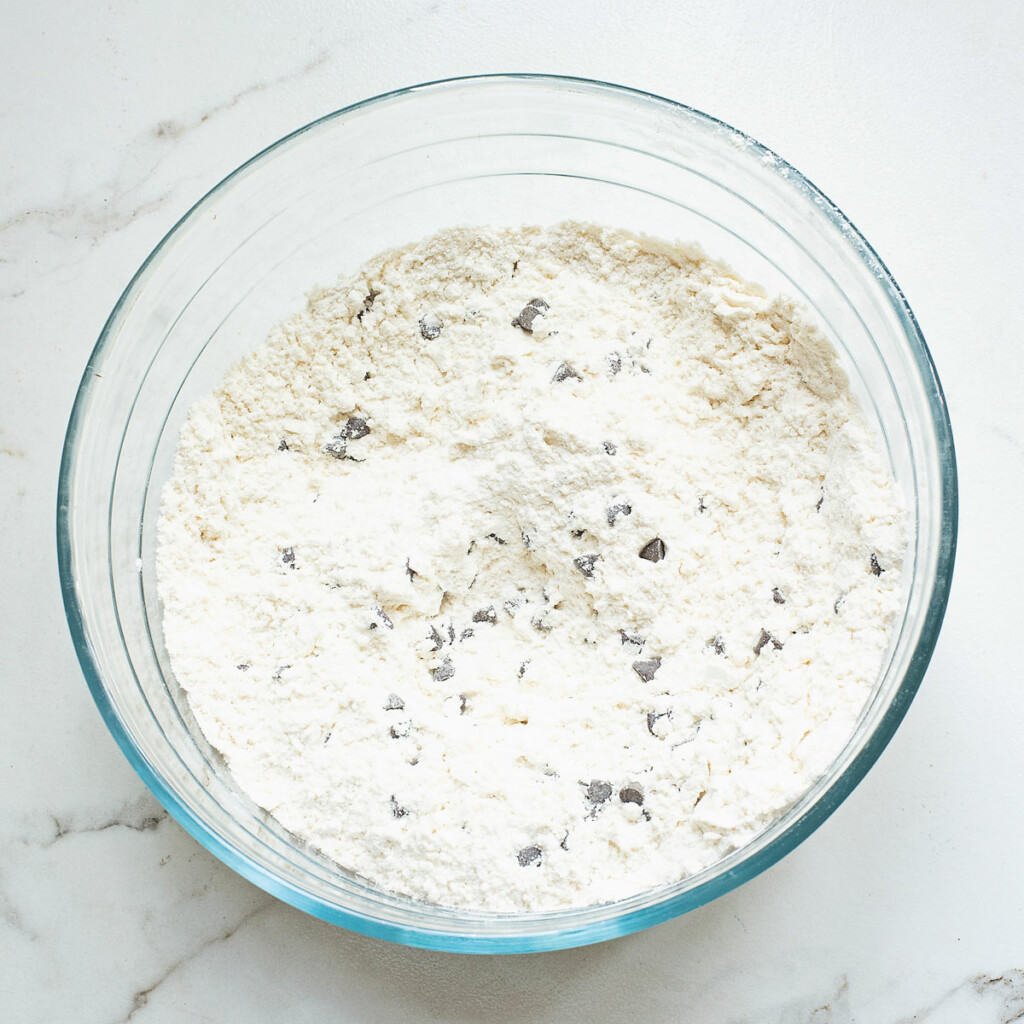 chocolate chips and flour in bowl