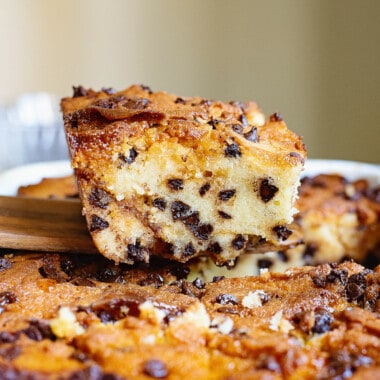 chocolate chip coffee cake slice on spatula