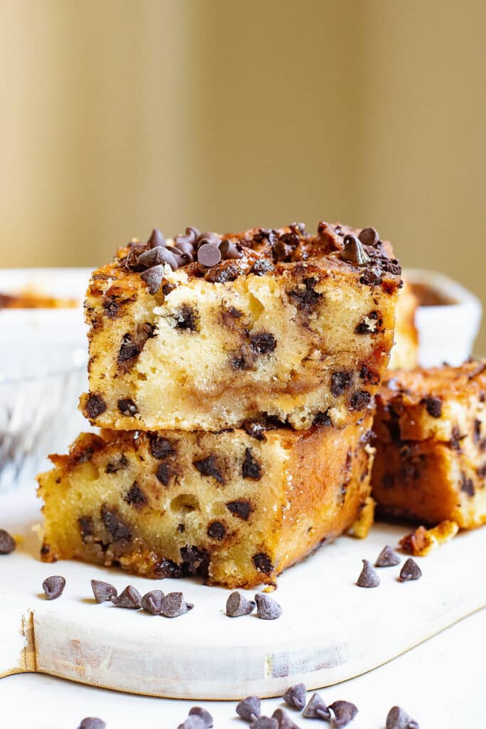 chocolate chip coffee cake swirled with caramel