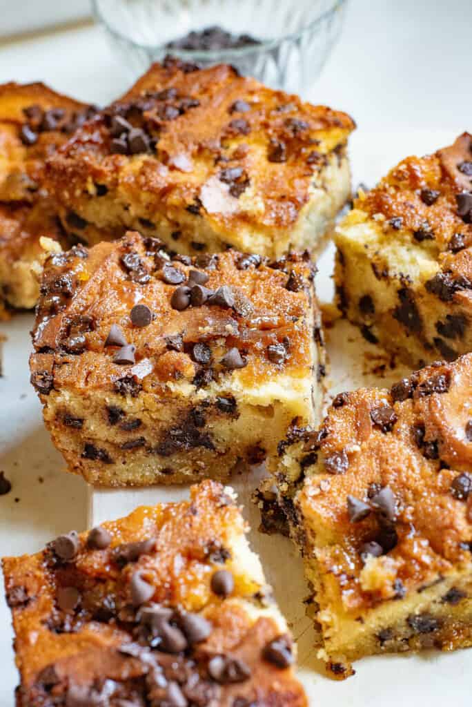 chocolate chip coffee cake slices on platter