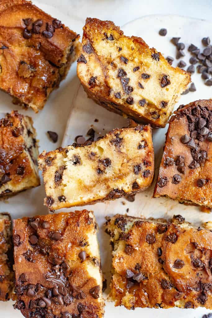 side of slice of chocolate chip coffee cake with caramel in center