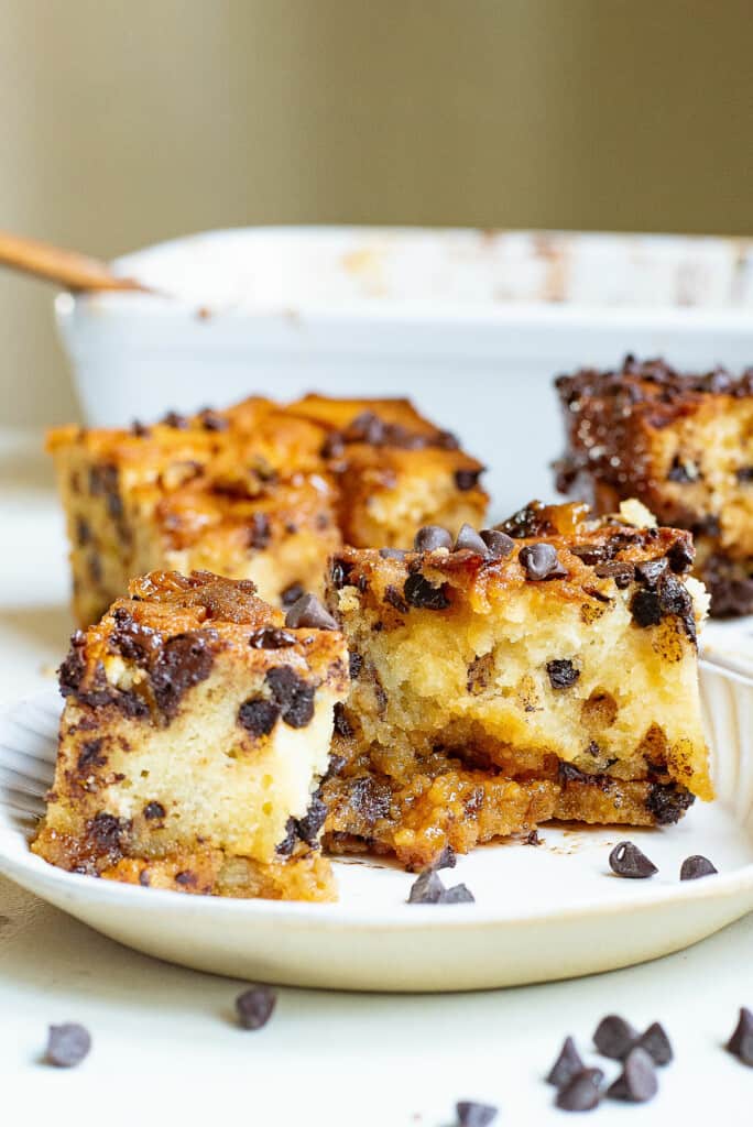 caramel coffee cake on plate with chocolate chips