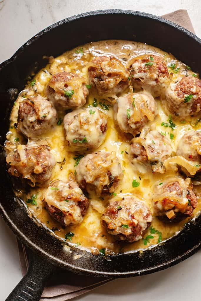 French onion meatball skillet on table
