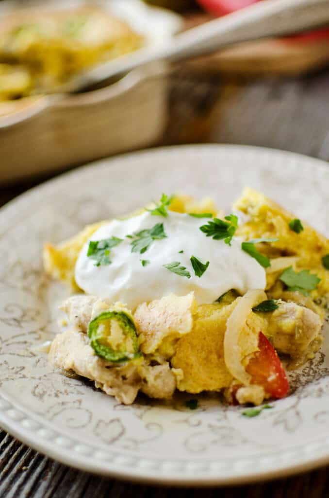 scoop of jalapeno cornbread chicken casserole on dinner plate