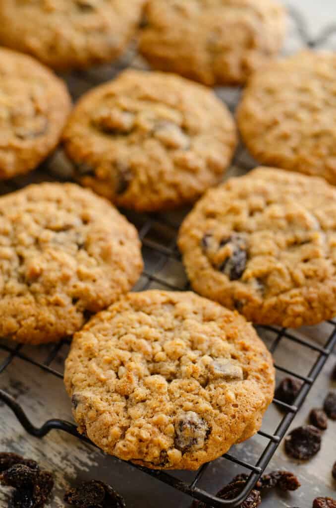 moist oatmeal raisin cookies on cooling rack