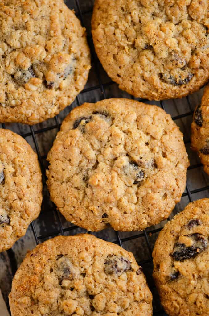 cake like oatmeal raisin cookies on cooling rack