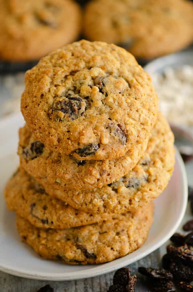 oatmeal raisin cookies stacked on plate