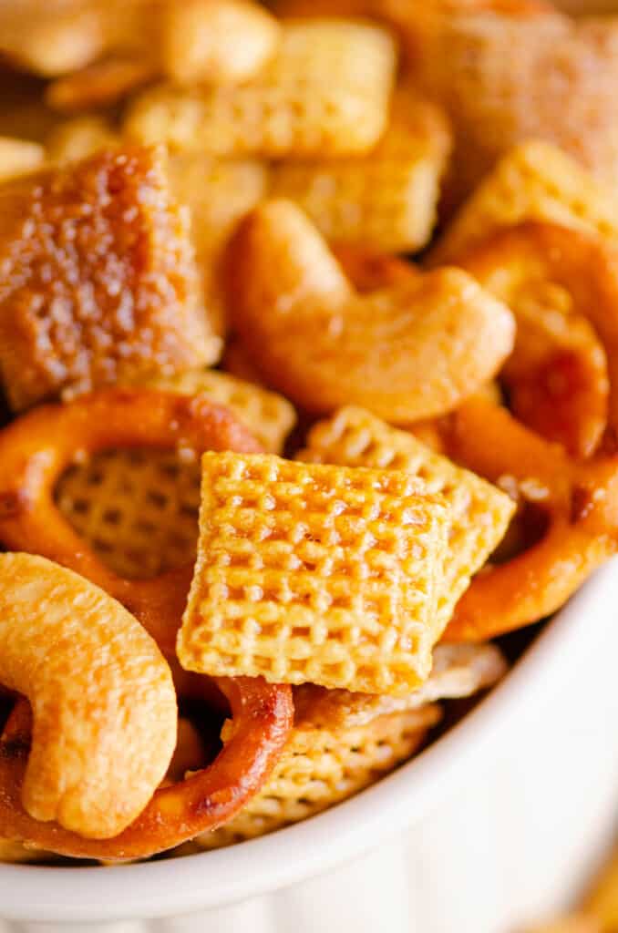 chex mix coated in hot honey sauce