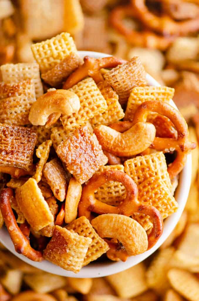 hot honey chex mix in ramekin