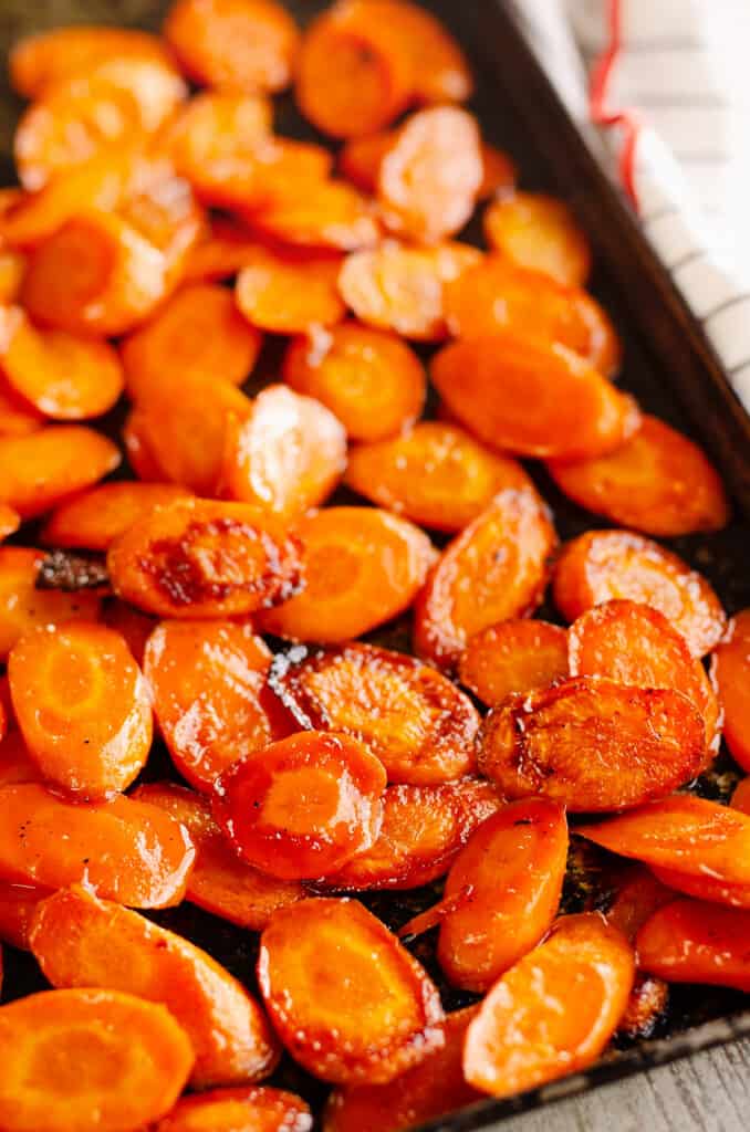 hot honey roasted carrots on pan