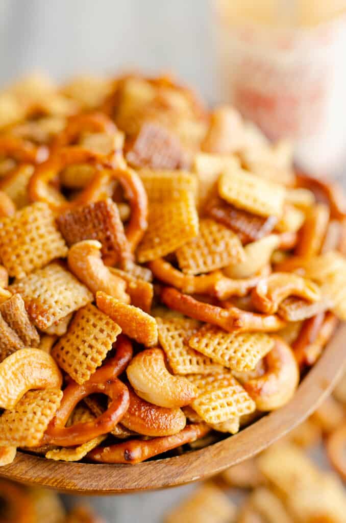Hot Honey Chex Mix in wooden bowl