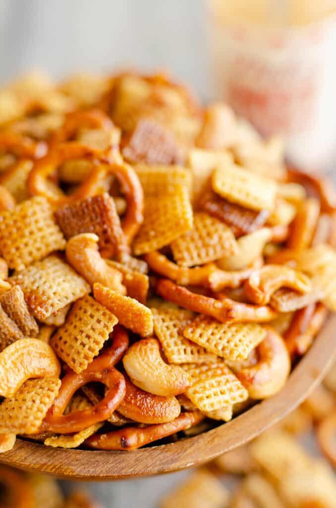 Hot Honey Chex Mix in wooden bowl