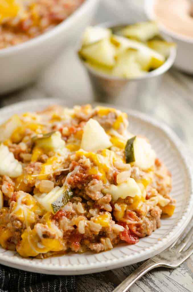 cheesy hamburger rice casserole on dinner plate