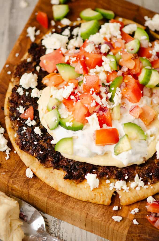 lamb smash gyro with tzatziki and cucumber salad