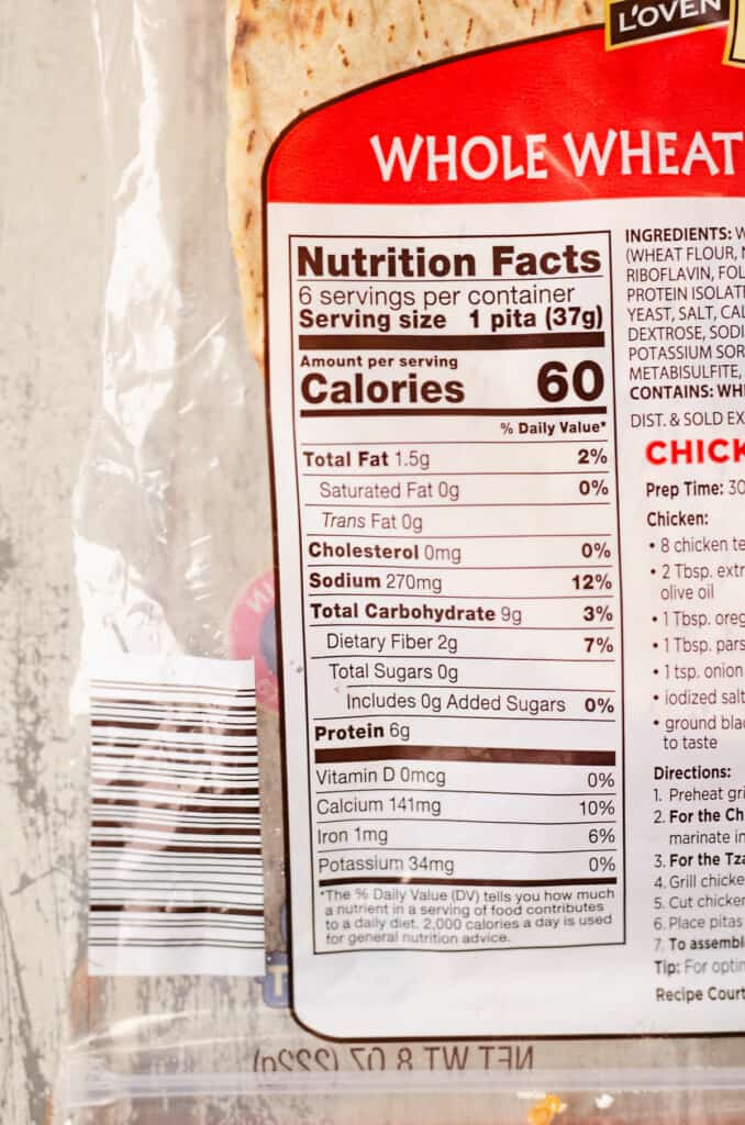 ingredient label for Aldi brand whole wheat flax and oat bran pita bread in package