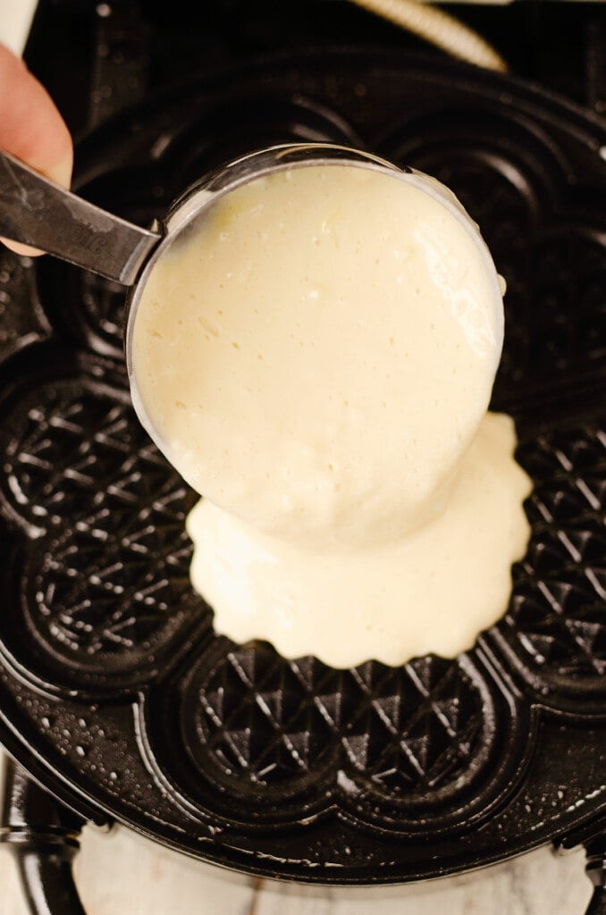 Greek yogurt waffle batter poured into Nordic waffle iron