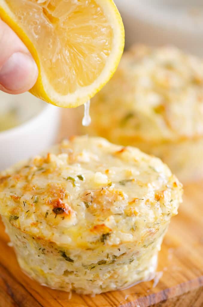 salmon muffin with lemon squeezed over it