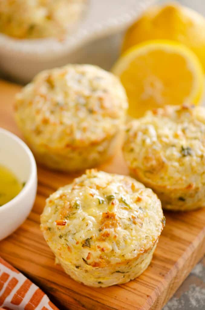 salmon rice muffins on cutting board